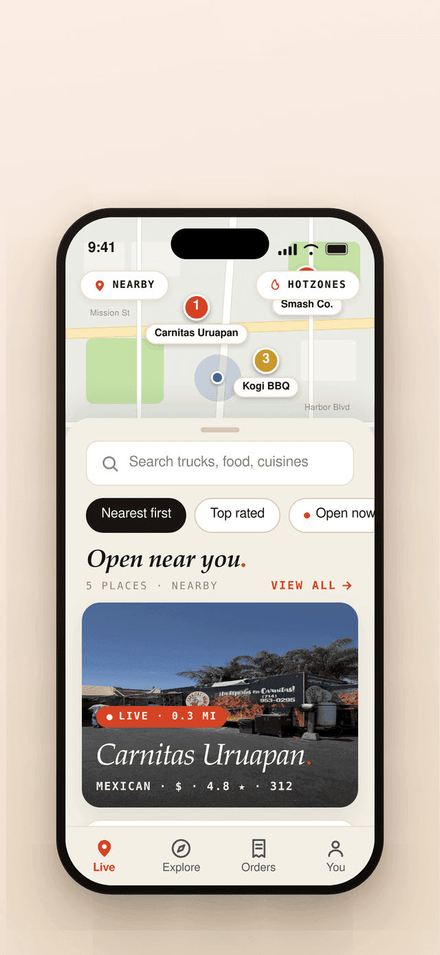 Eatrys app showing a live map of nearby food trucks