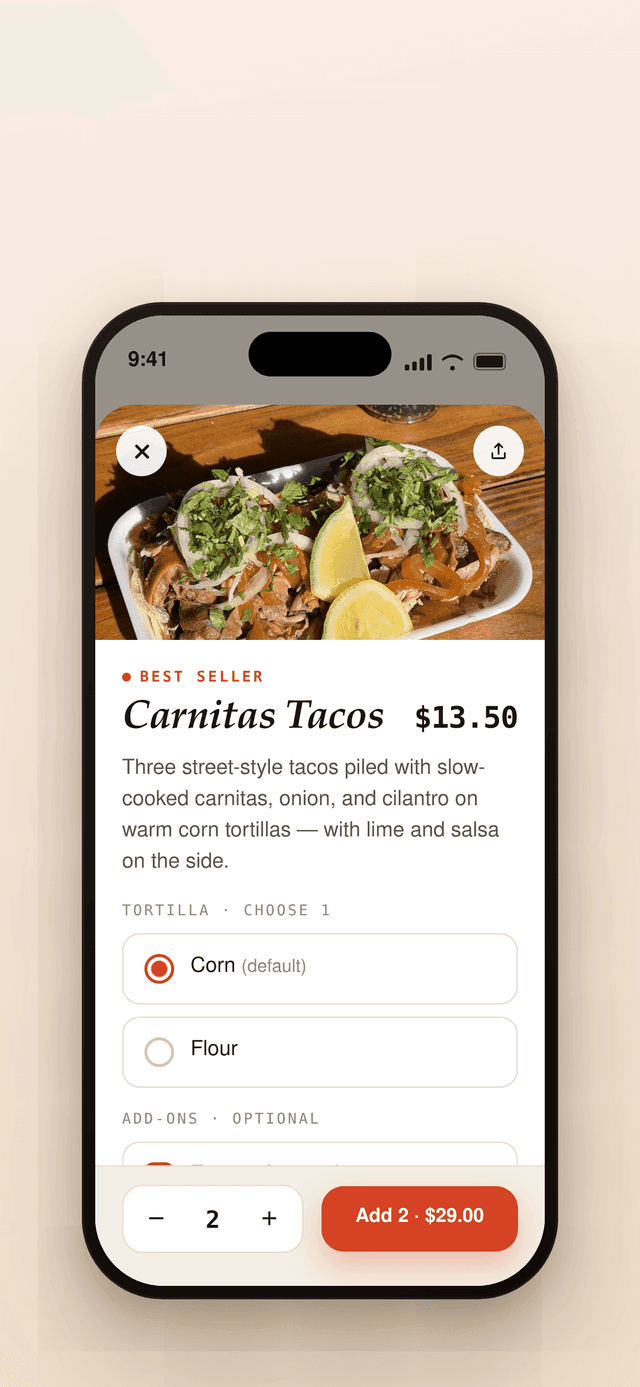 Customizing a food truck order in the Eatrys app