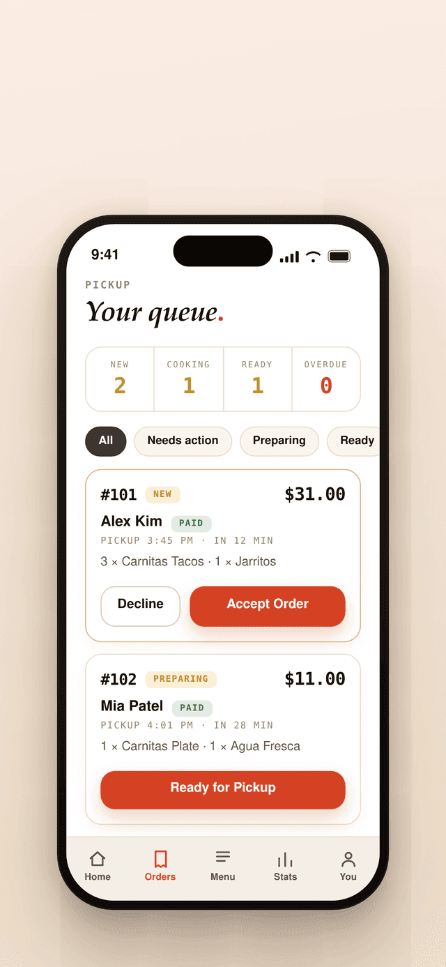 Live order queue in the Eatrys vendor app